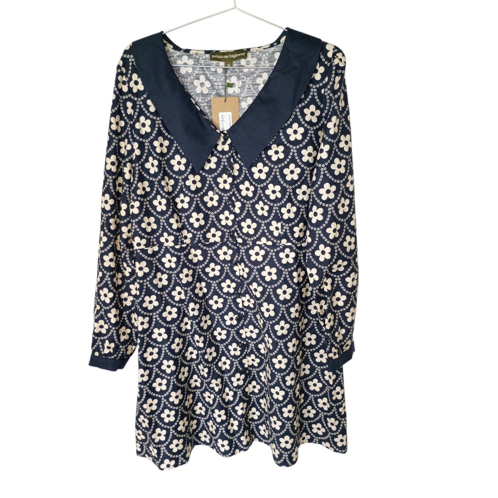 Princess Highway Megan Collar Mini Dress Navy Blue Daisy Floral Cotton 18 NEW